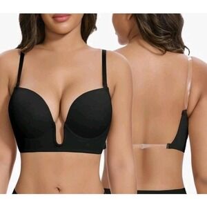JOYSHAPER XL US 16 Low Cut Bras, Deep Plunge Cleavage Backless Pushup Bra Black